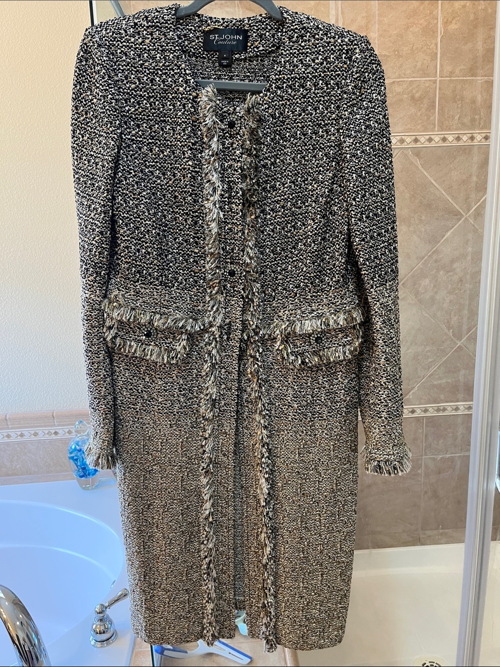 St. John Black and Ivory Tweed Long Sleeve Jacket Dress